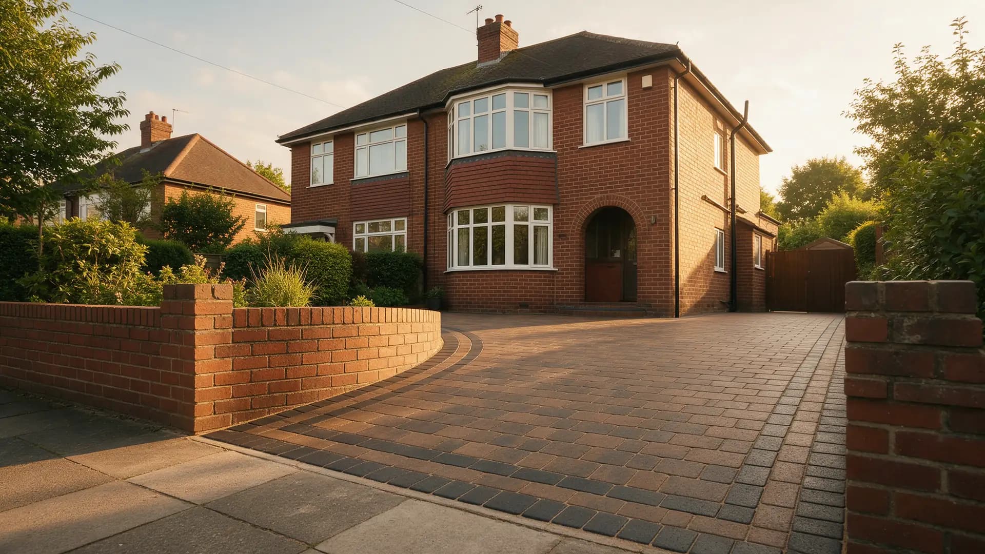 Block-paved driveway with a contrasting charcoal border in front of a red-brick semi-detached house with bay windows