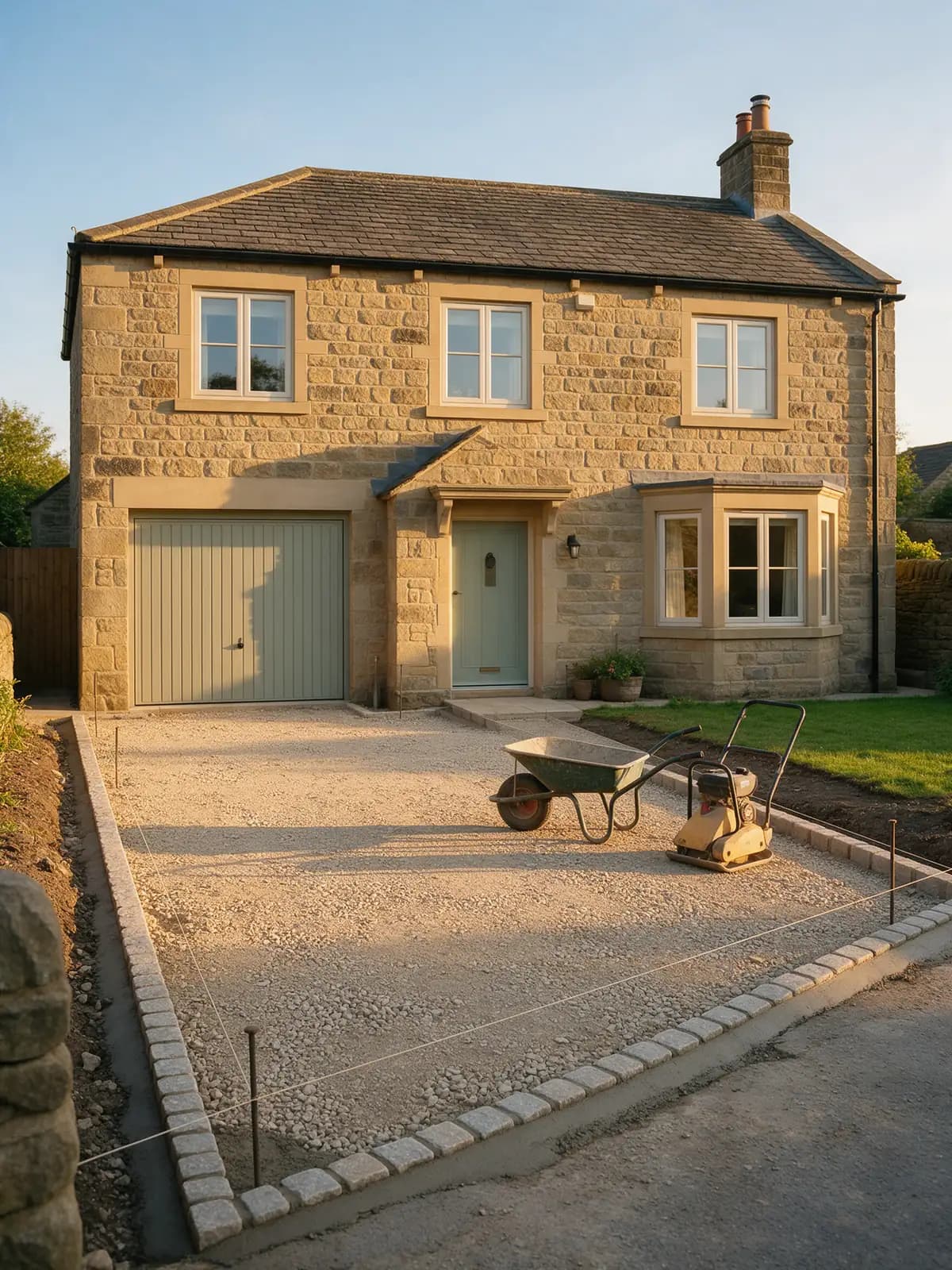 Tidy driveway work in progress with a compacted sub-base, string lines and new block edging in front of a stone house