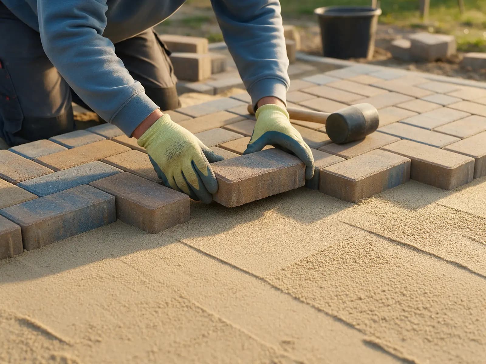 Gloved hands setting a brindle concrete block onto a screeded sharp-sand bed beside freshly laid paving