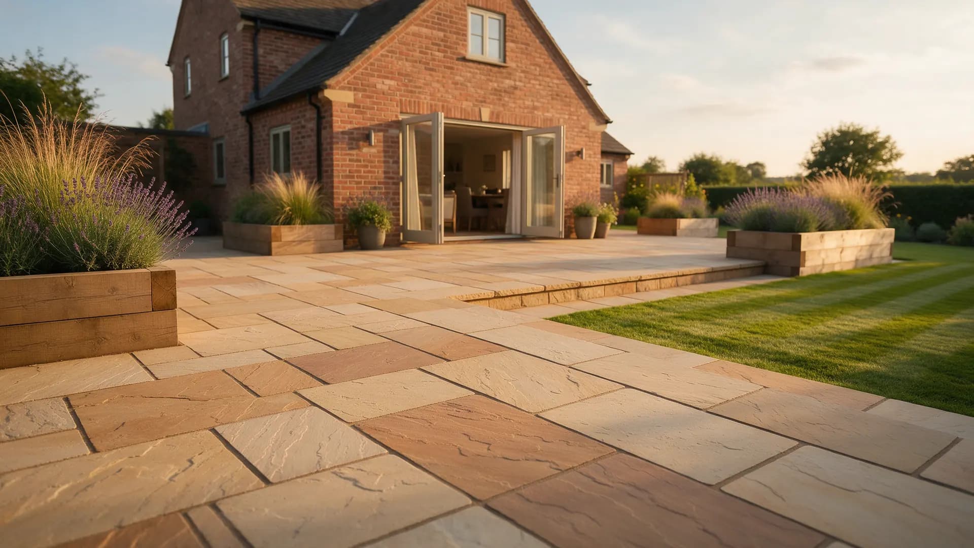 Indian sandstone patio with raised timber planters outside a red-brick house with open French doors