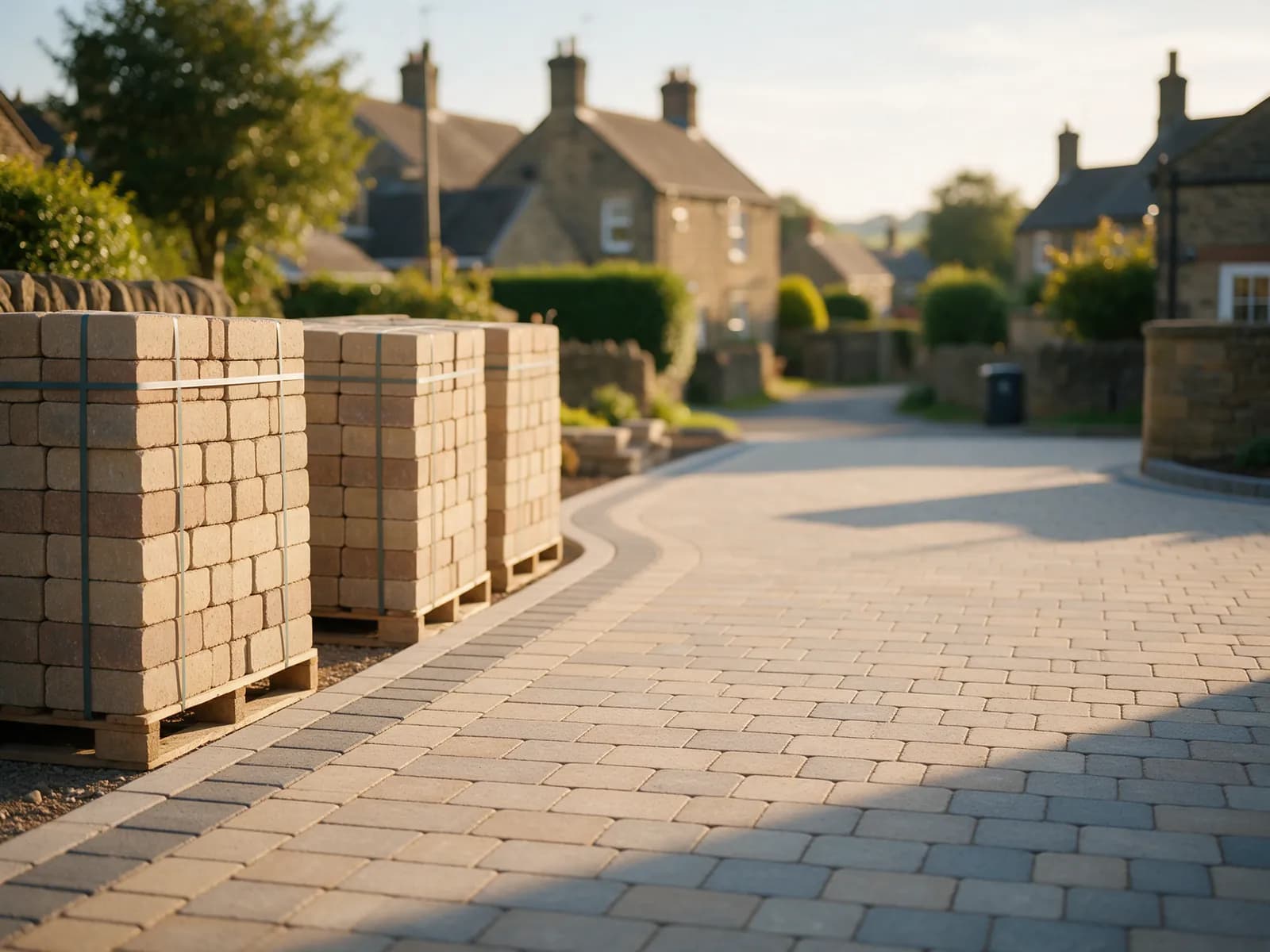 Neat banded pallets of new buff and brindle concrete paving blocks beside a driveway project