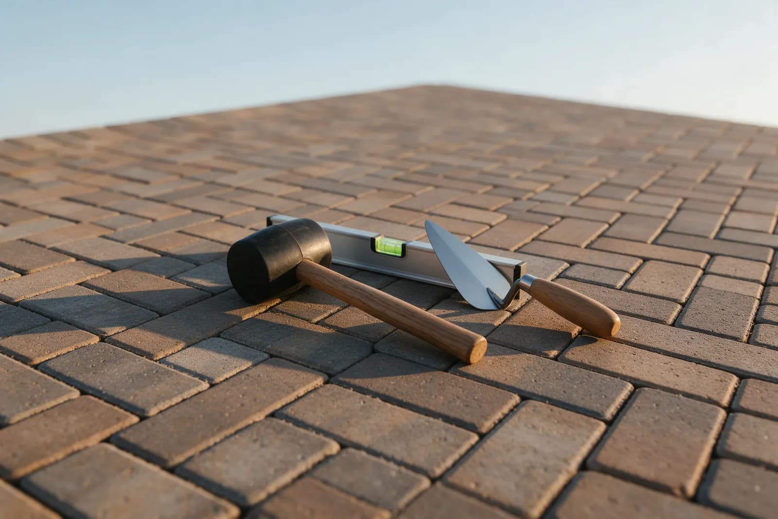 Rubber mallet, spirit level and pointing trowel resting on freshly laid herringbone paving blocks