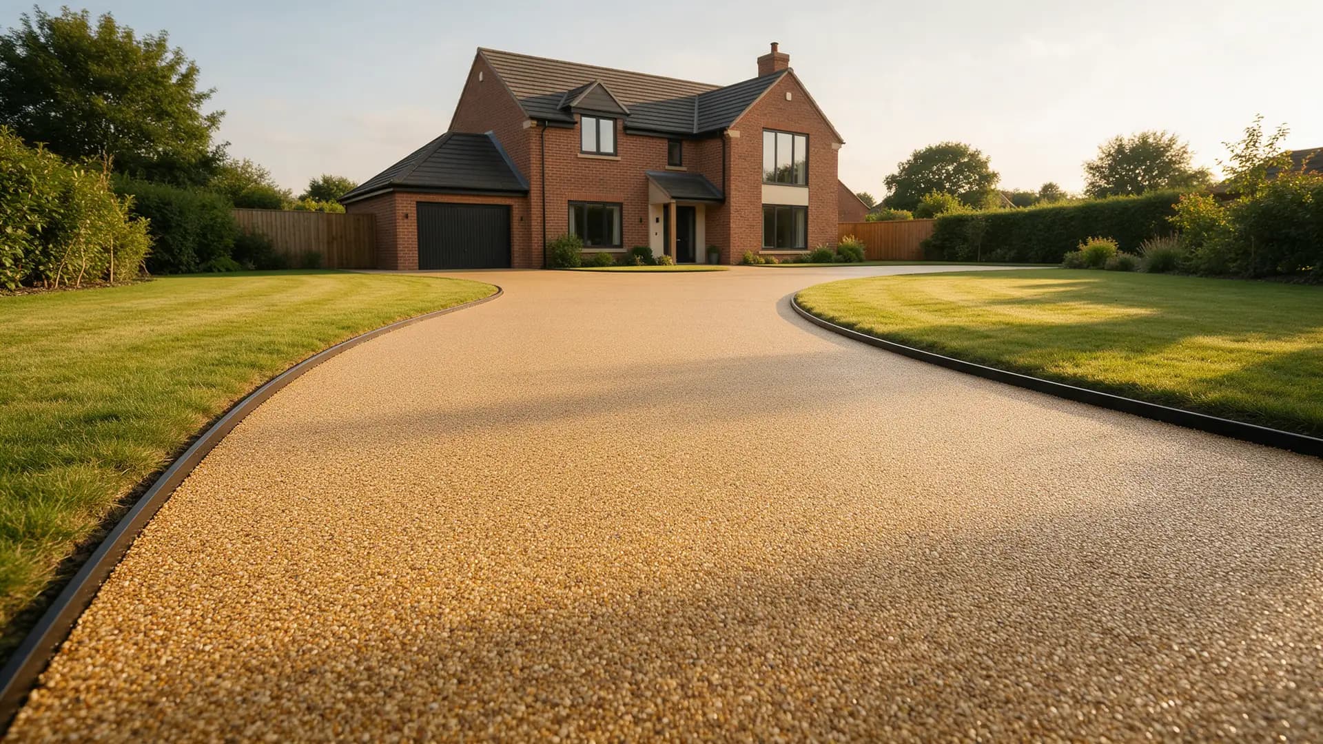 Curving golden resin-bound driveway with black steel edging leading to a red-brick detached house