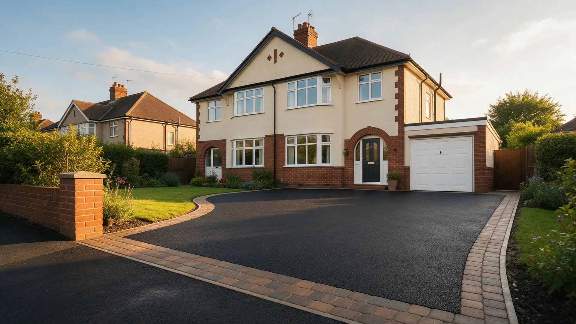 New black tarmac driveway with brindle block edging in front of a 1930s semi-detached house